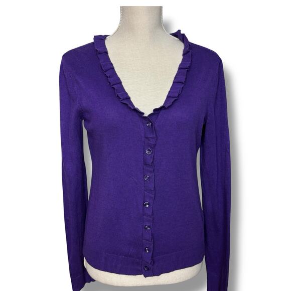 Kenneth Cole Reaction Purple Cardigan with Ruffled Neckline Size Small - Picture 2 of 4